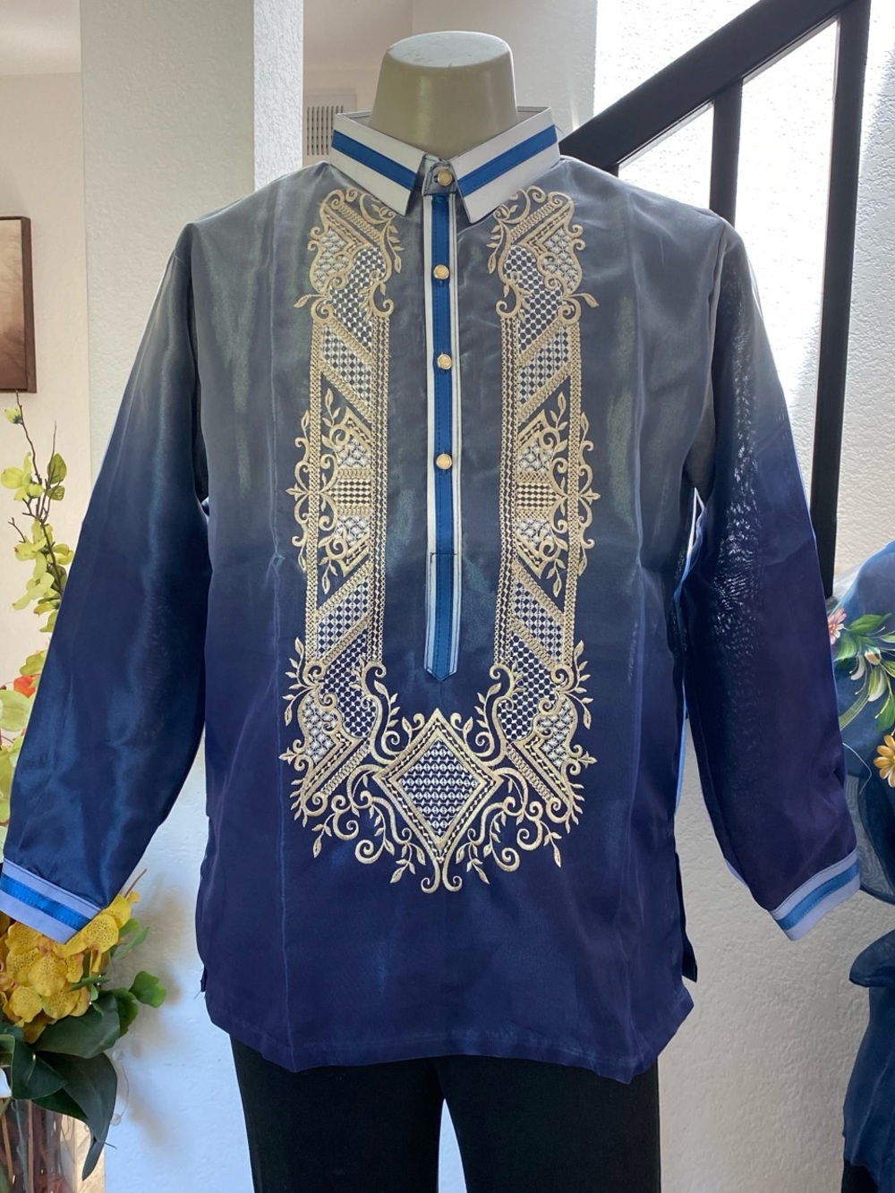 Men's Navy Blue Embroidered Barong Tagalog Formal Filipino Dress Shirt